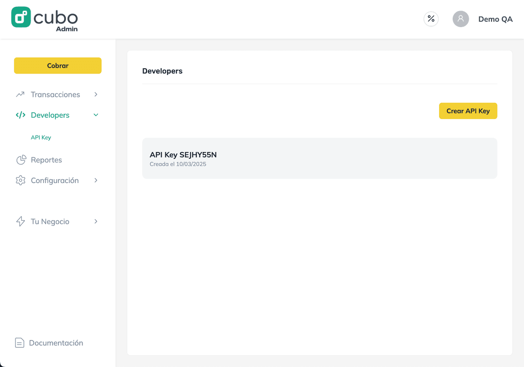 Pantalla de Cubo Developers con api key creada.