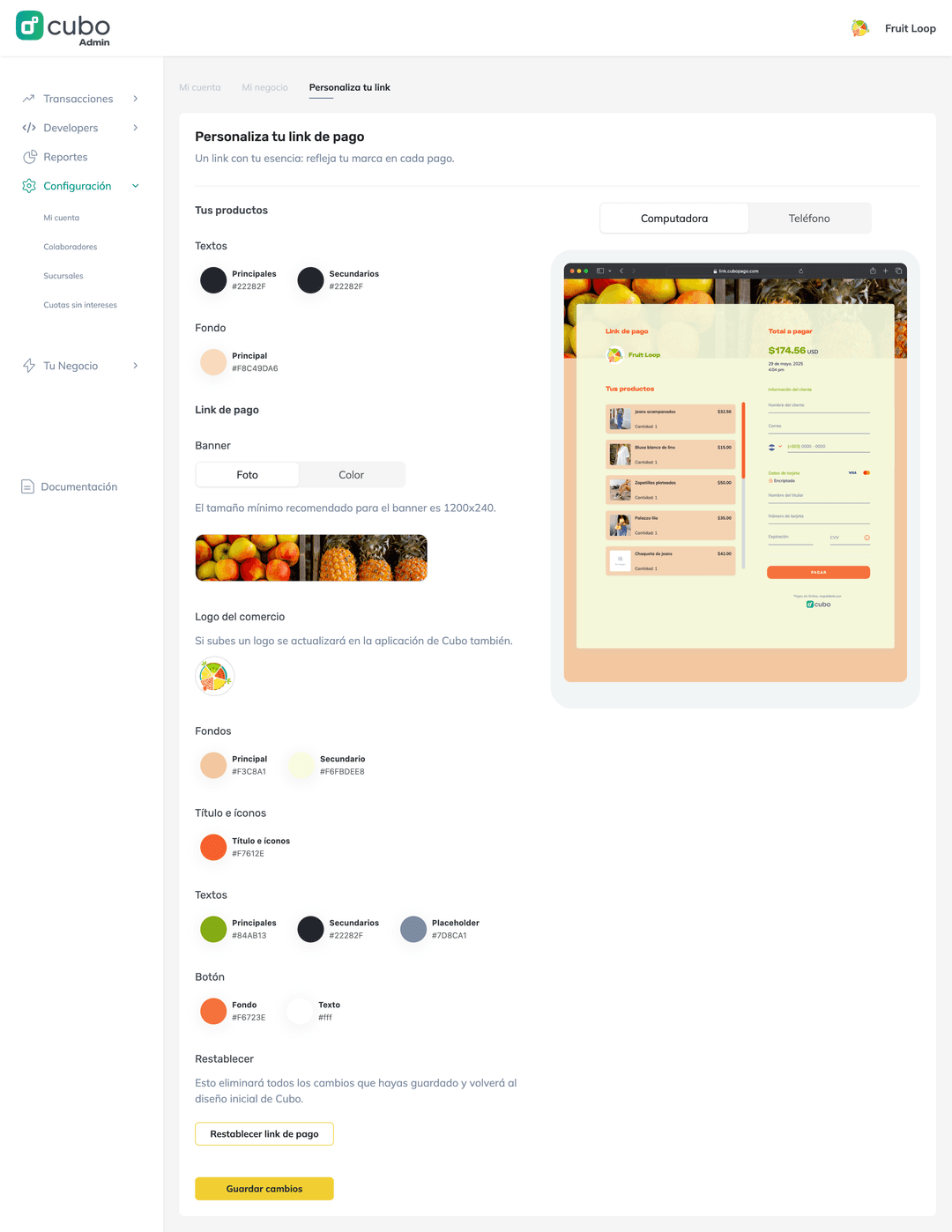 Formulario de personalización de link en Cubo Admin